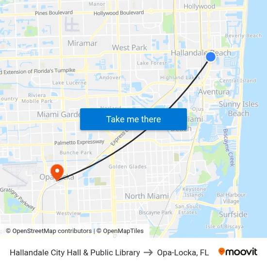 Hallandale City Hall & Public Library to Opa-Locka, FL map