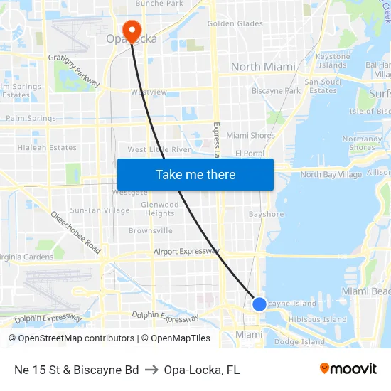 Ne 15 St & Biscayne Bd to Opa-Locka, FL map