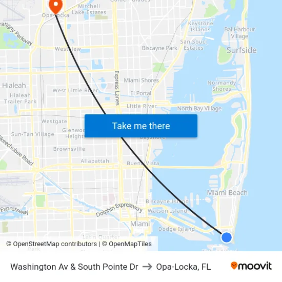 Washington Av & South Pointe Dr to Opa-Locka, FL map