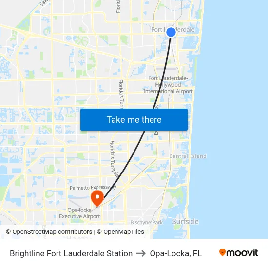 Brightline Fort Lauderdale Station to Opa-Locka, FL map