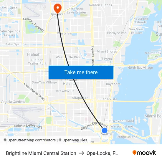 Brightline Miami Central Station to Opa-Locka, FL map