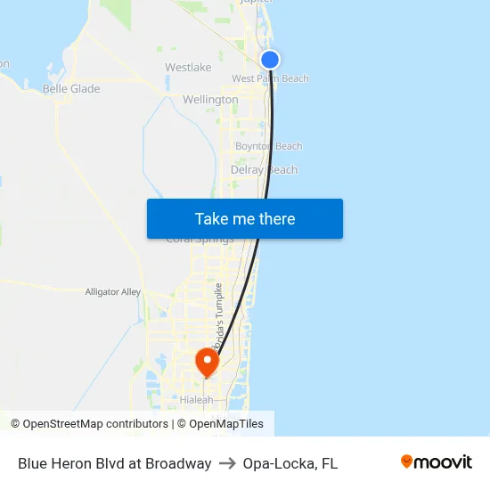 Blue Heron Blvd at Broadway to Opa-Locka, FL map