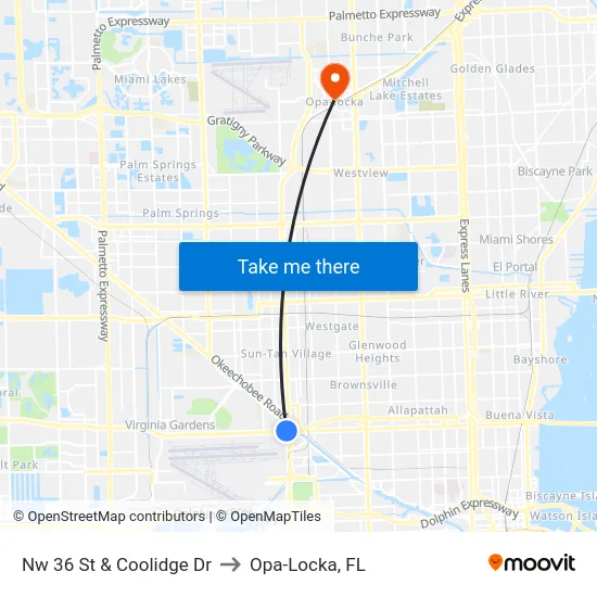 Nw 36 St & Coolidge Dr to Opa-Locka, FL map