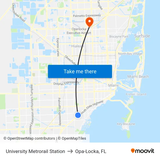 University Metrorail Station to Opa-Locka, FL map