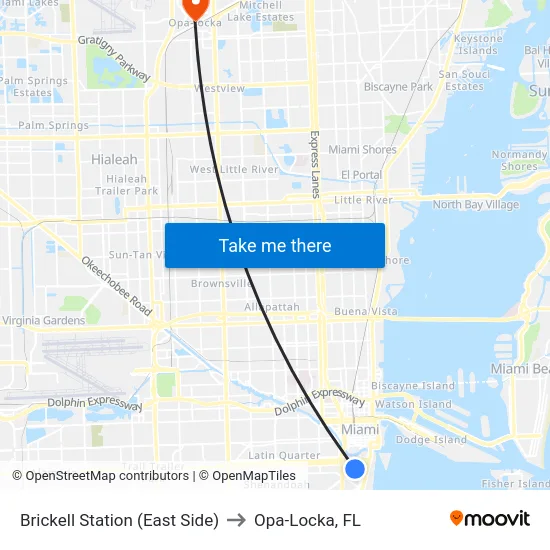 Brickell Station (East Side) to Opa-Locka, FL map