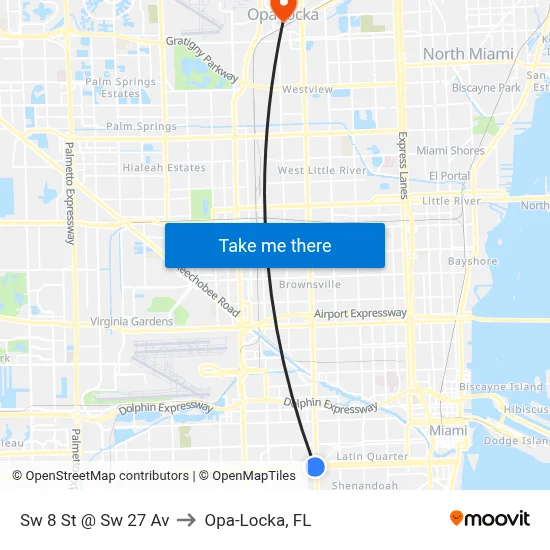 Sw 8 St @ Sw 27 Av to Opa-Locka, FL map