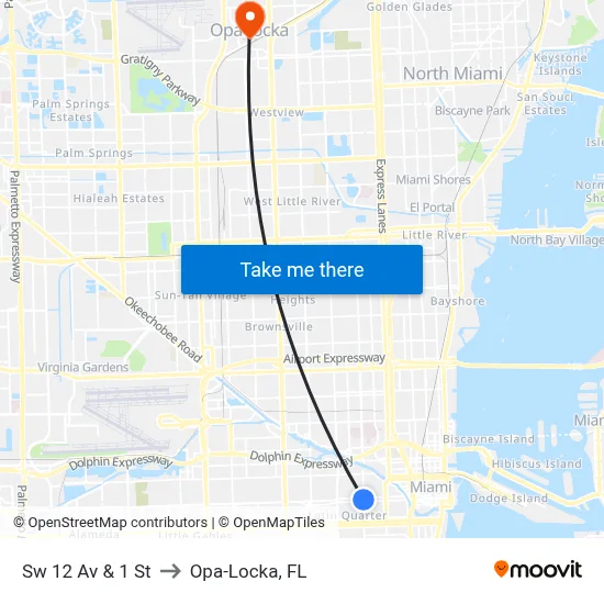 Sw 12 Av & 1 St to Opa-Locka, FL map