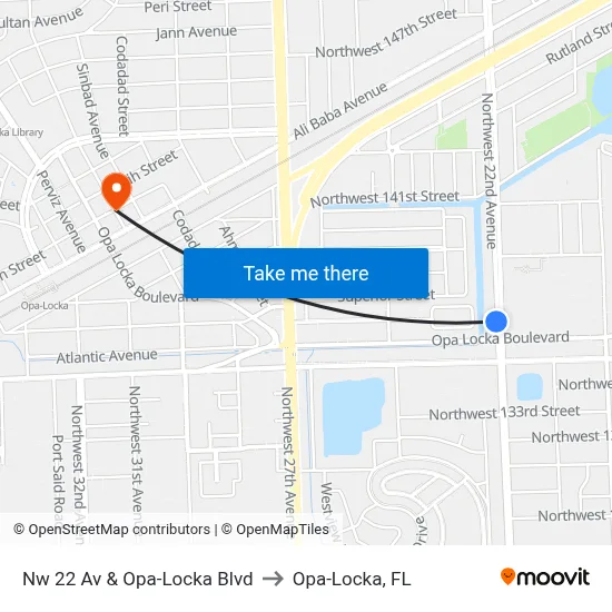 Nw 22 Av & Opa-Locka Blvd to Opa-Locka, FL map