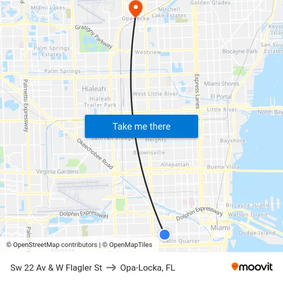 Sw 22 Av & W Flagler St to Opa-Locka, FL map