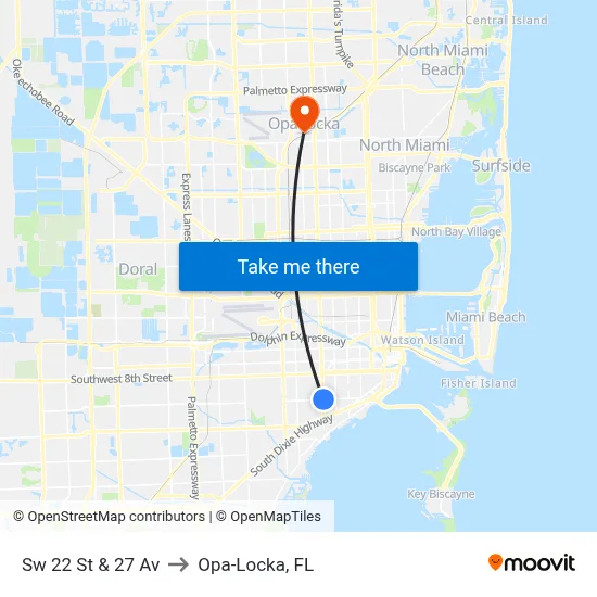 Sw 22 St & 27 Av to Opa-Locka, FL map