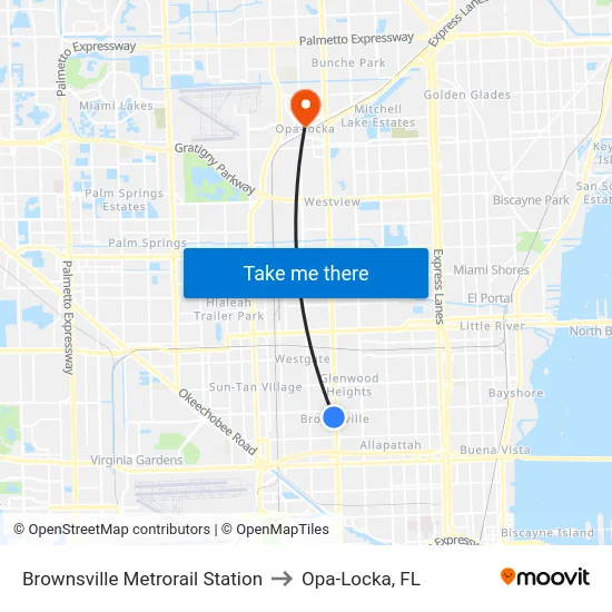 Brownsville Metrorail Station to Opa-Locka, FL map