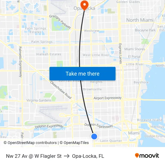 Nw 27 Av @ W Flagler St to Opa-Locka, FL map