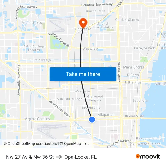 Nw 27 Av & Nw 36 St to Opa-Locka, FL map