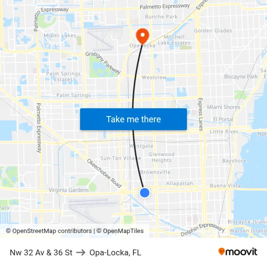 Nw 32 Av & 36 St to Opa-Locka, FL map