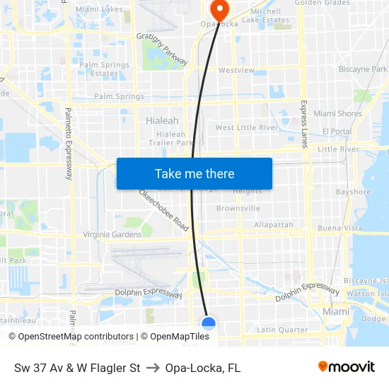Sw 37 Av & W Flagler St to Opa-Locka, FL map