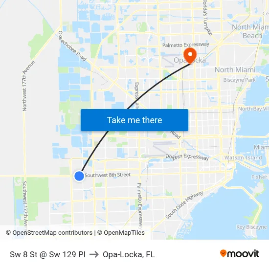 Sw 8 St @ Sw 129 Pl to Opa-Locka, FL map
