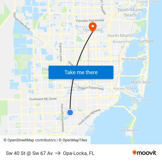 Sw 40 St @ Sw 67 Av to Opa-Locka, FL map