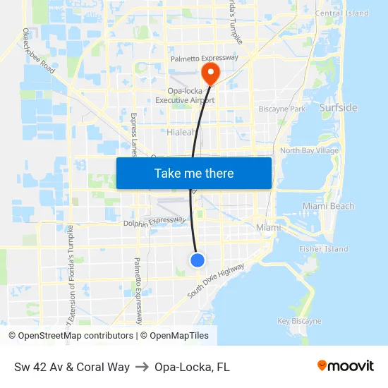 Sw 42 Av & Coral Way to Opa-Locka, FL map
