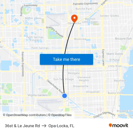 36st & Le Jeune Rd to Opa-Locka, FL map