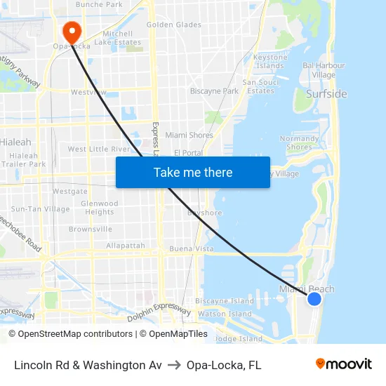 Lincoln Rd & Washington Av to Opa-Locka, FL map