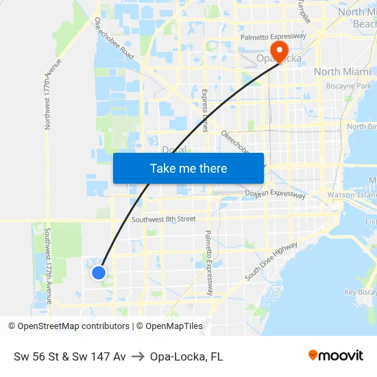 Sw 56 St & Sw 147 Av to Opa-Locka, FL map