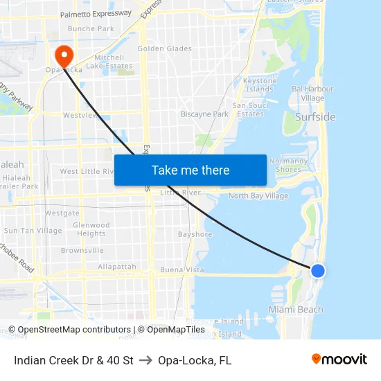 Indian Creek Dr & 40 St to Opa-Locka, FL map