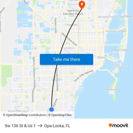 Sw 136 St & Us 1 to Opa-Locka, FL map