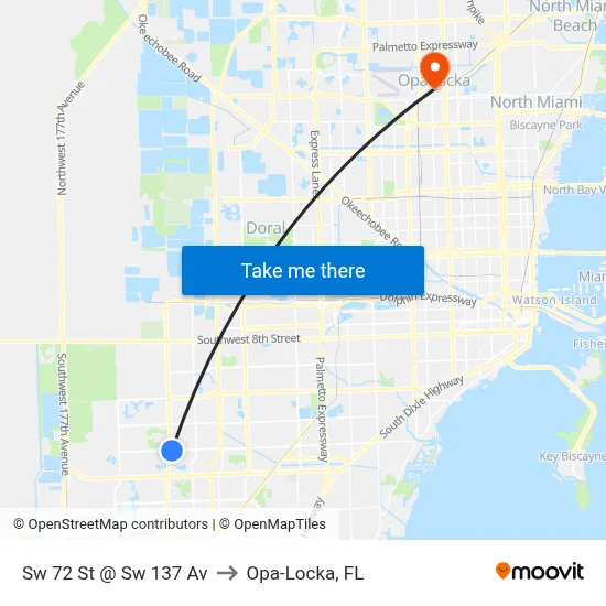 Sw 72 St @ Sw 137 Av to Opa-Locka, FL map
