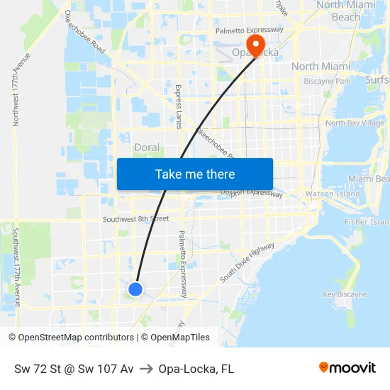 Sw 72 St @ Sw 107 Av to Opa-Locka, FL map