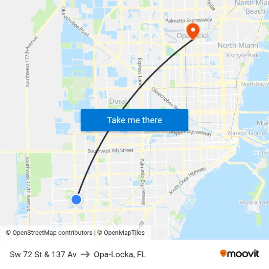 Sw 72 St & 137 Av to Opa-Locka, FL map
