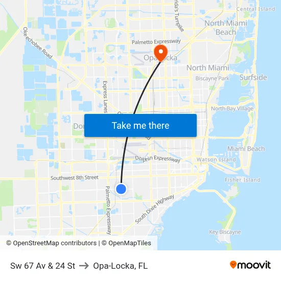 Sw 67 Av & 24 St to Opa-Locka, FL map