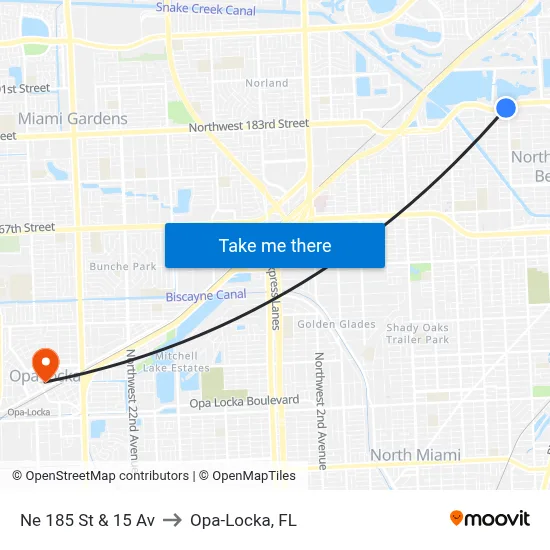 Ne 185 St & 15 Av to Opa-Locka, FL map