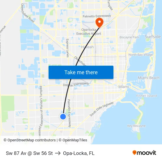 Sw 87 Av @ Sw 56 St to Opa-Locka, FL map