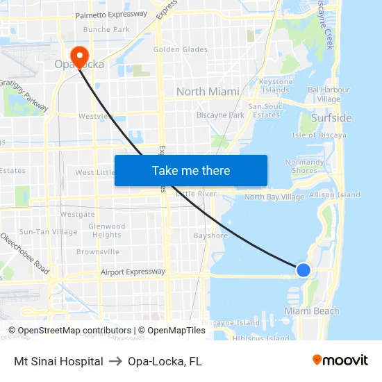 Mt Sinai Hospital to Opa-Locka, FL map