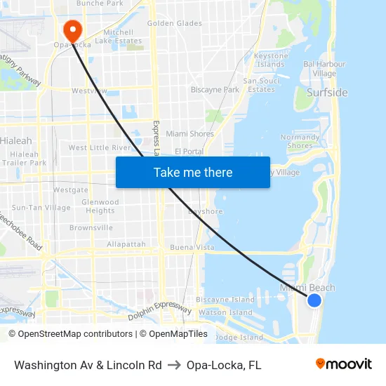 Washington Av & Lincoln Rd to Opa-Locka, FL map