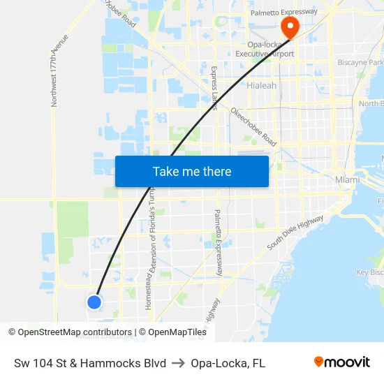 Sw 104 St & Hammocks Blvd to Opa-Locka, FL map