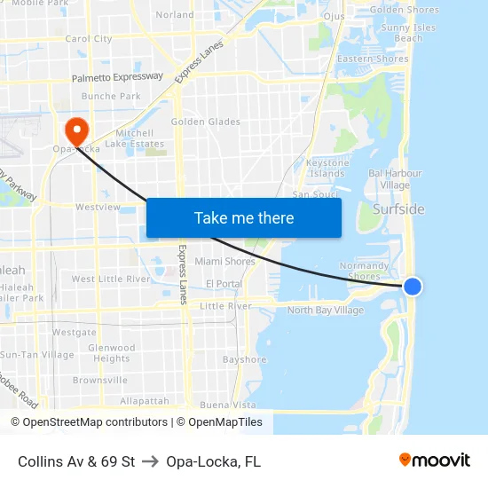 Collins Av & 69 St to Opa-Locka, FL map