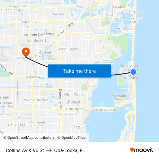 Collins Av & 96 St to Opa-Locka, FL map