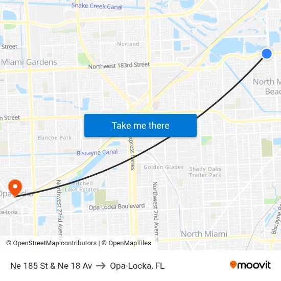 Ne 185 St & Ne 18 Av to Opa-Locka, FL map