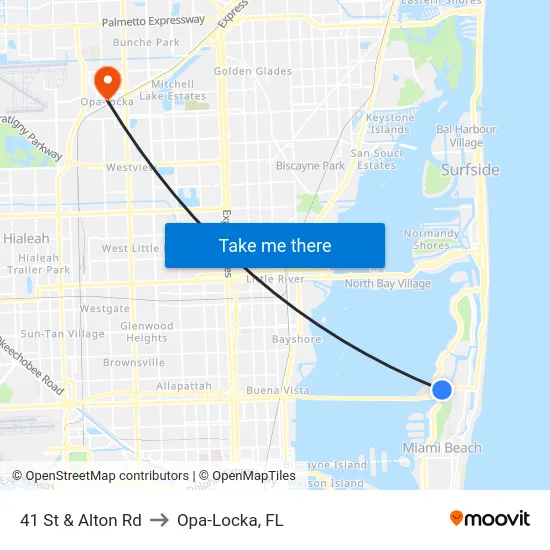 41 St & Alton Rd to Opa-Locka, FL map
