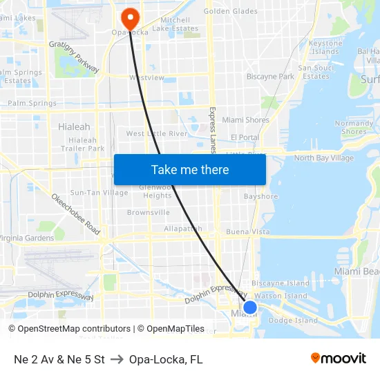 Ne 2 Av & Ne 5 St to Opa-Locka, FL map