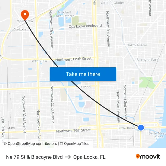 Ne 79 St & Biscayne Blvd to Opa-Locka, FL map