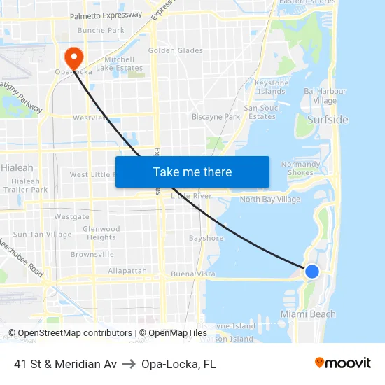 41 St & Meridian Av to Opa-Locka, FL map