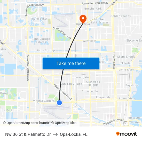Nw 36 St & Palmetto Dr to Opa-Locka, FL map