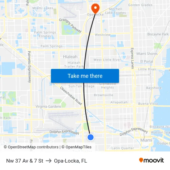 Nw 37 Av & 7 St to Opa-Locka, FL map