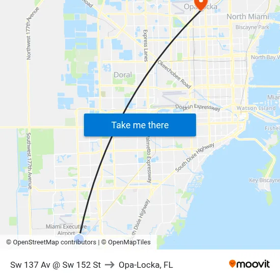Sw 137 Av @ Sw 152 St to Opa-Locka, FL map