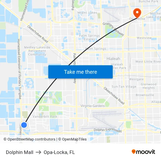 Dolphin Mall to Opa-Locka, FL map