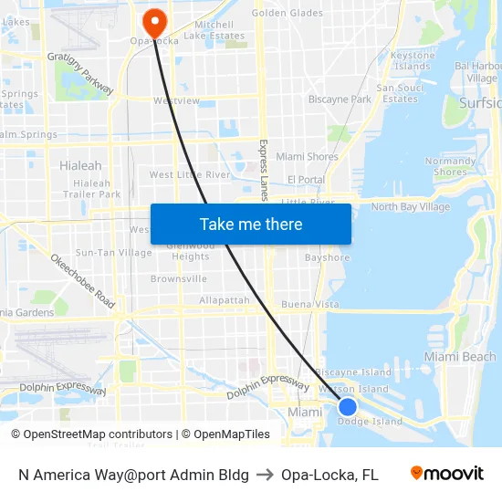 N America Way@port Admin Bldg to Opa-Locka, FL map