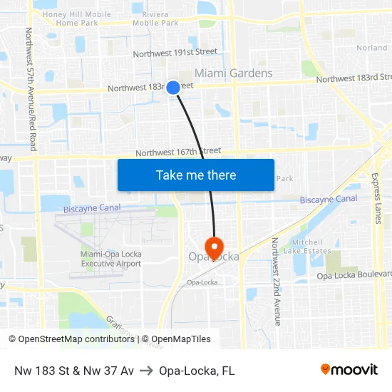 Nw 183 St & Nw 37 Av to Opa-Locka, FL map