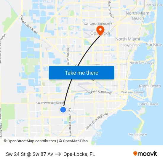Sw 24 St @ Sw 87 Av to Opa-Locka, FL map
